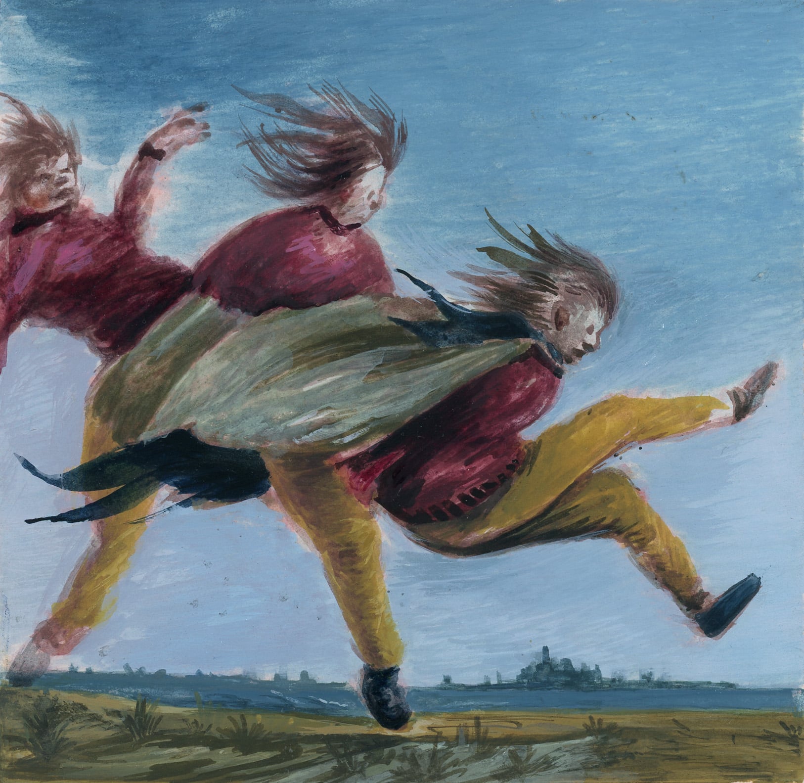 painting depicting a person in motion possibly falling
