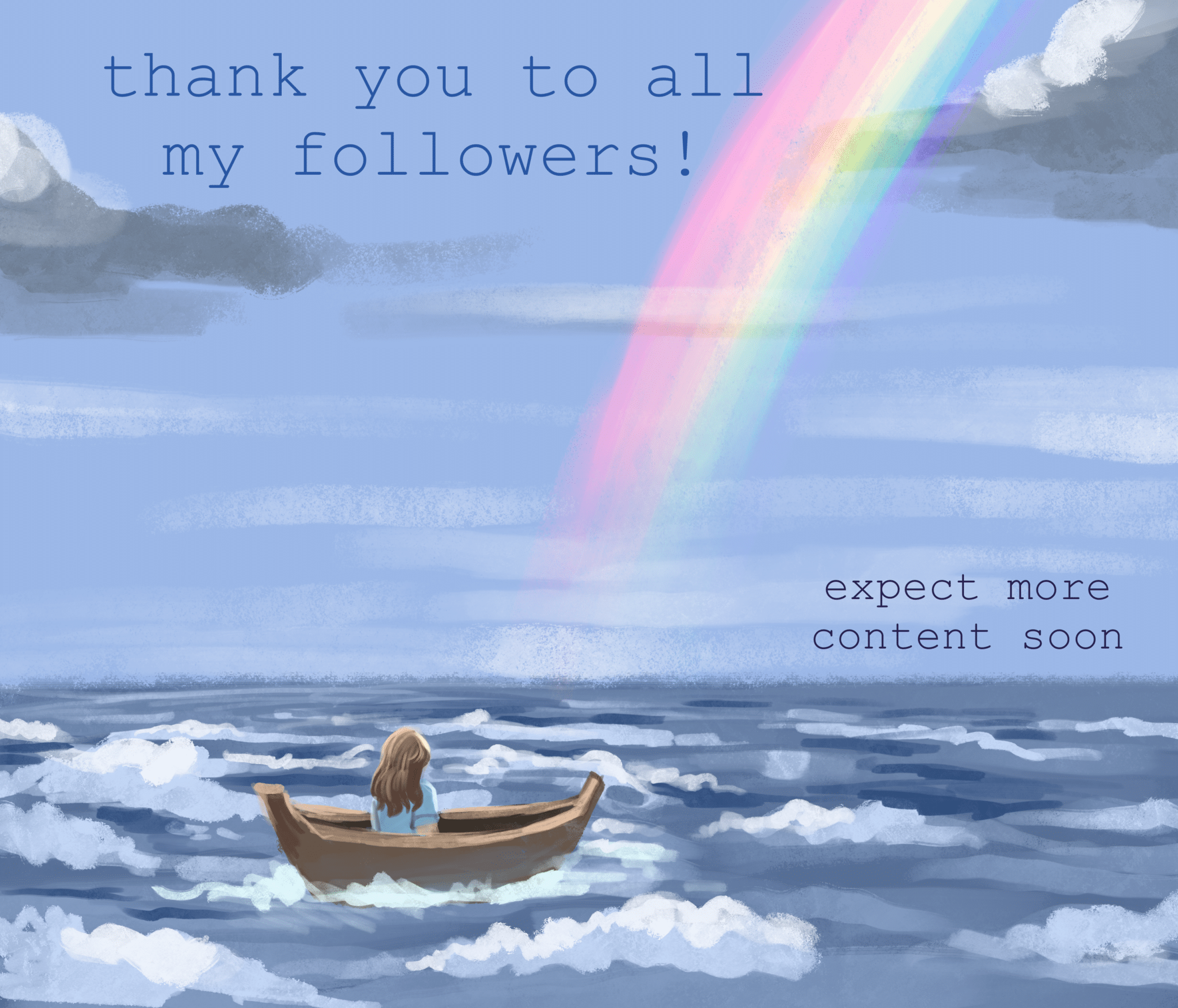 Gemälde einer Frau in einem kleinen Boot auf dem Ozean und einem Regenbogen vor ihr
