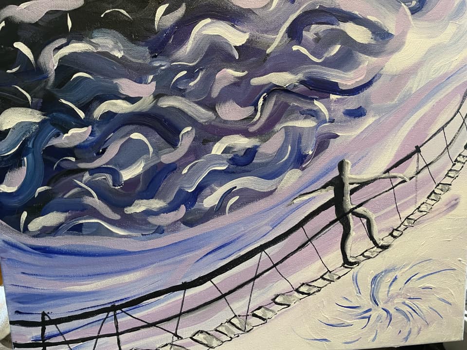 painting with blue stormy sky, silhouette of a person on a suspension bridge, and swirling water below