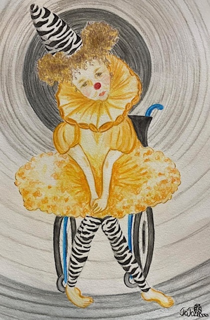 drawing of a sad clown in a yellow dress and zebra stockings, with concentric circles behind